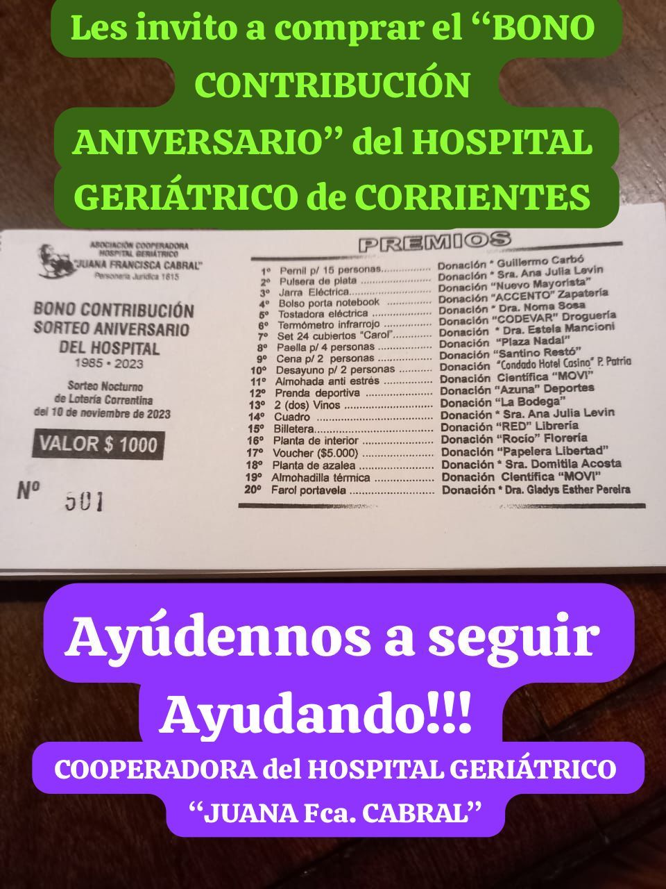 Bono contribución por el Aniversario del Hospital Geriátrico