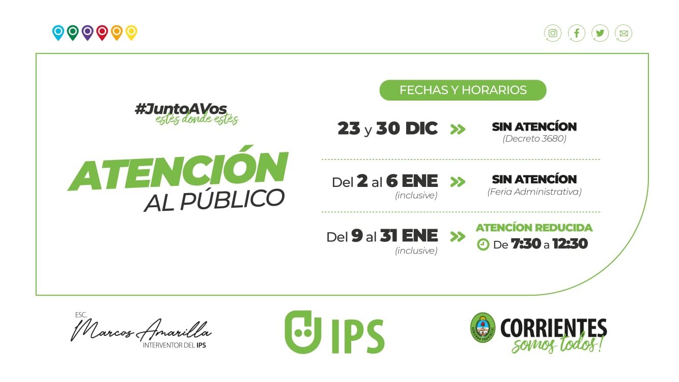 Horario de atención de IPS Corrientes durante enero 2023