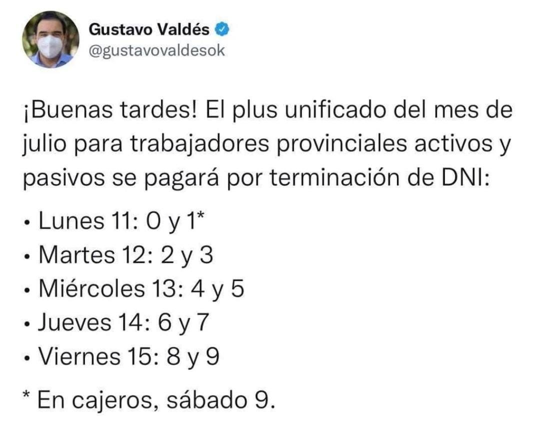 Lunes 11 inicio del pago del plus unificado del mes de julio